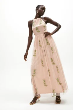 Coast Fleur Embroidered Halter Maxi Dress