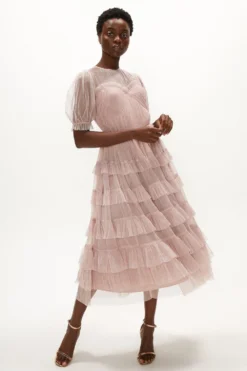 Coast Puff Sleeve Tulle Tiered Midi Dress