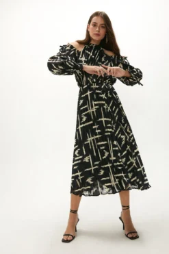 Coast Geo Textured Cold Shoulder Midi Dress