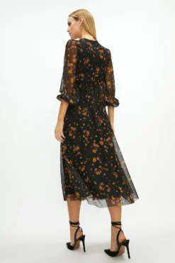 Coast Printed Mesh Peplum Ruffle Midi Dress -Coast Sales Store acc03351 black xl 2