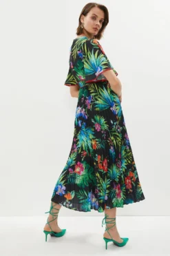 Coast Angel Sleeve Pleat Skirt Printed Midi Dress -Coast Sales Store acc03596 black xl 2