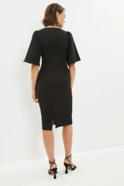 Coast Flare Sleeve Crepe Twist Front Midi Dress -Coast Sales Store bcc00439 black xl 2