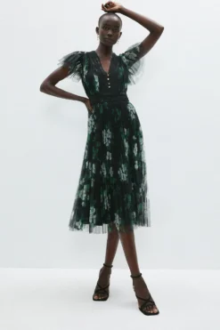 Coast Printed Pleated Mesh Tea Dress