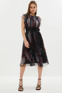 Coast Petite Pleated Mesh Belted Midi Dress