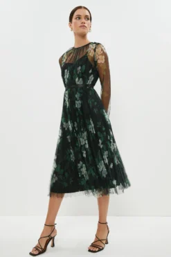 Coast Petite Long Sleeve Pleated Mesh Midi Dress