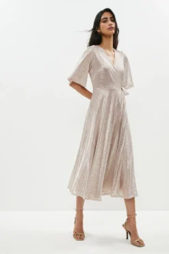 Coast Metallic Angel Sleeve Wrap Midi Dress