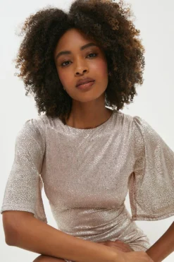 Coast Metallic Angel Sleeve Ruche Waist Dress