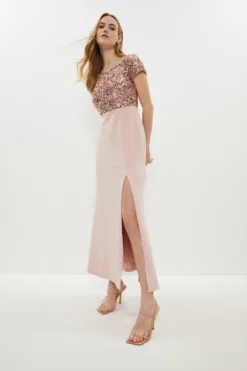 Coast Sequin Bardot Fishtail Maxi Dress