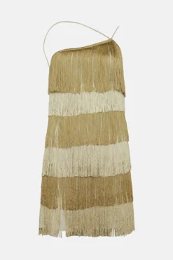 Coast Premium Tiered Fringe One Shoulder Mini Dress -Coast Sales Store bcc01389 khaki xl 3