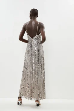Coast Premium Linear Mixed Sequin Maxi Dress -Coast Sales Store bcc01397 silver xl 2