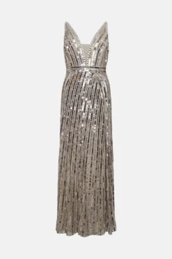 Coast Premium Linear Mixed Sequin Maxi Dress -Coast Sales Store bcc01397 silver xl 3