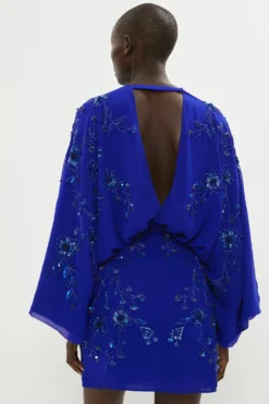 Coast All Over Beaded V Neck Kimono Mini Dress -Coast Sales Store bcc01477 cobalt xl 2