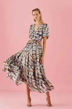 Coast Tiered Metallic Maxi Puff Sleeve Dress