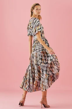 Coast Tiered Metallic Maxi Puff Sleeve Dress -Coast Sales Store bcc01547 multi xl 2