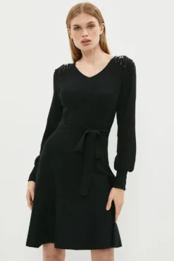 Coast Embellished Shoulder V Neck Knitted Dress