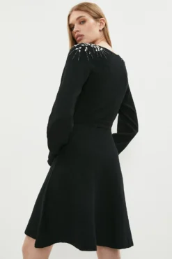 Coast Embellished Shoulder V Neck Knitted Dress -Coast Sales Store bcc01656 black xl 2