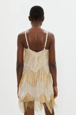 Coast Embellished Fringe Two Tone Mini Dress -Coast Sales Store bcc02491 gold xl 2