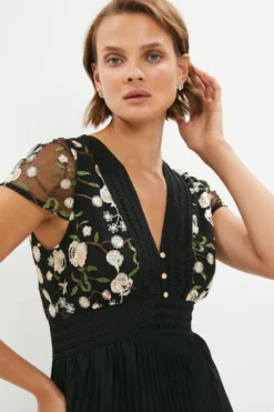 Coast Embroidered Mesh Midi Dress With Pleat Skirt -Coast Sales Store bcc02637 black xl 1