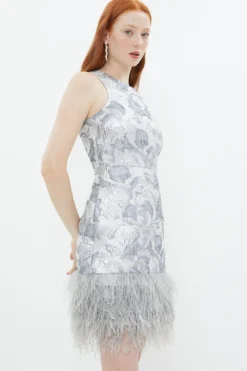 Coast Premium Jacqard Feather Trim Mini Dress