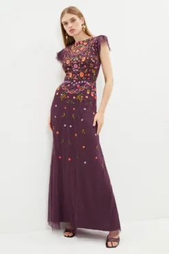 Coast Flutter Sleeve All Over Embroidered Maxi Dress