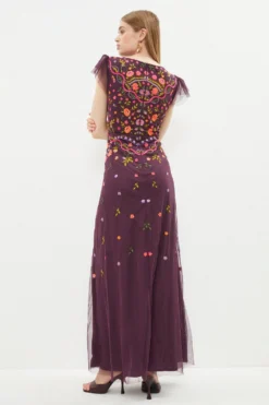 Coast Flutter Sleeve All Over Embroidered Maxi Dress -Coast Sales Store bcc02834 burgundy xl 2