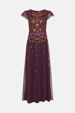 Coast Flutter Sleeve All Over Embroidered Maxi Dress -Coast Sales Store bcc02834 burgundy xl 3