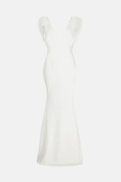 Coast Feather Trim V Neck Fishtail Maxi Dress -Coast Sales Store bcc03122 ivory xl 4