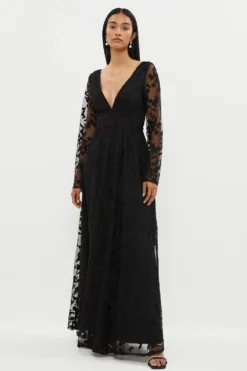 Coast Deep V Embroidered Long Sleeve Maxi Dress