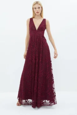 Coast Deep V Full Skirt Embroidered Maxi Dress