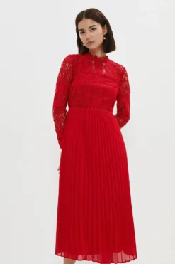 Coast Petite Sleeved Lace High Neck Pleated Dress
