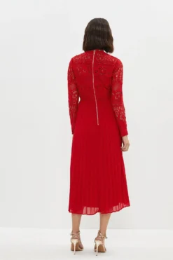 Coast Petite Sleeved Lace High Neck Pleated Dress -Coast Sales Store bcc03303 red xl 2