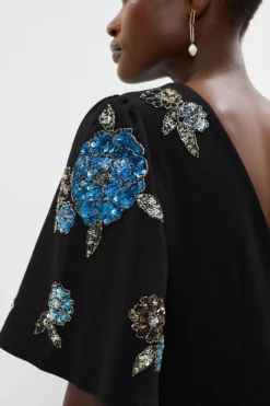 Coast Embellished Floral Jersey Flare Sleeve Dress -Coast Sales Store bcc03373 black xl 4