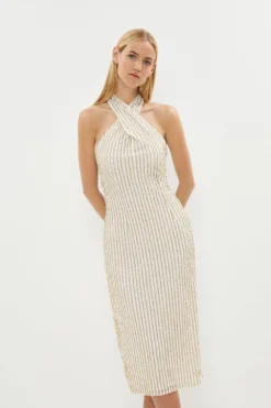 Coast Premium Linear Sequin Cross Neck Midi Dress