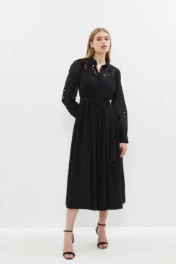 Coast Placed Cutwork Midi Georgette Shirt Dress