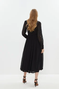 Coast Placed Cutwork Midi Georgette Shirt Dress -Coast Sales Store bcc03470 black xl 2