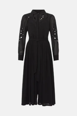 Coast Placed Cutwork Midi Georgette Shirt Dress -Coast Sales Store bcc03470 black xl 3