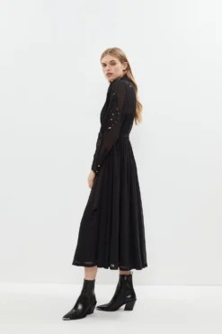 Coast Placed Cutwork Midi Georgette Shirt Dress -Coast Sales Store bcc03470 black xl 4