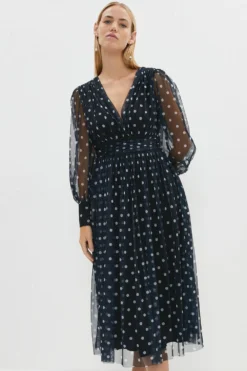 Coast Printed Mesh Plunge Neck Midi Dress