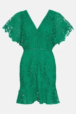 Coast Mini V Neck Lace Dress With Flare Sleeve -Coast Sales Store bcc03777 green xl 3