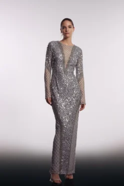 Coast Embellished Mesh Overlay V Neck Dress