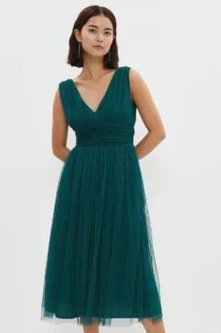 Coast Petite Sleeveless Tulle V Front Bow Back Midi Dress