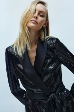 Coast Premium Sequin Satin Trim Belted Blazer Dress