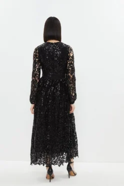 Coast Sequin Lace Button Front Midi Dress -Coast Sales Store bcc03996 black xl 2
