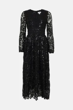 Coast Sequin Lace Button Front Midi Dress -Coast Sales Store bcc03996 black xl 3