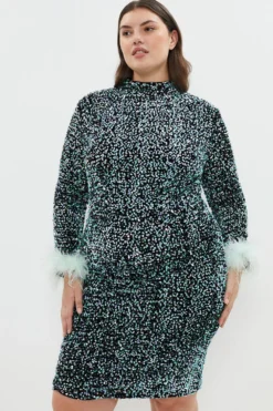 Coast Plus Sequin Midi Dress With Feather Cuff