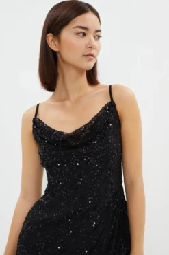 Coast Petite Cowl Neck Corset Bodice Sequin Maxi Dress