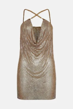 Coast Cowl Neck Chainmail Mini Dress -Coast Sales Store bcc04276 gold xl 3