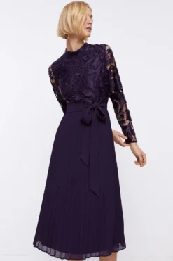 Coast Long Sleeve Scallop Lace Bodice Pleat Skirt Dress