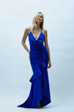 Coast Rose Detail Satin Maxi Dress With Train