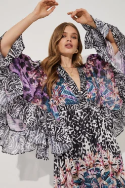 Coast Tropical Placement Print Mega Ruffle Sleeve Maxi Dress -Coast Sales Store bcc04387 multi xl 3